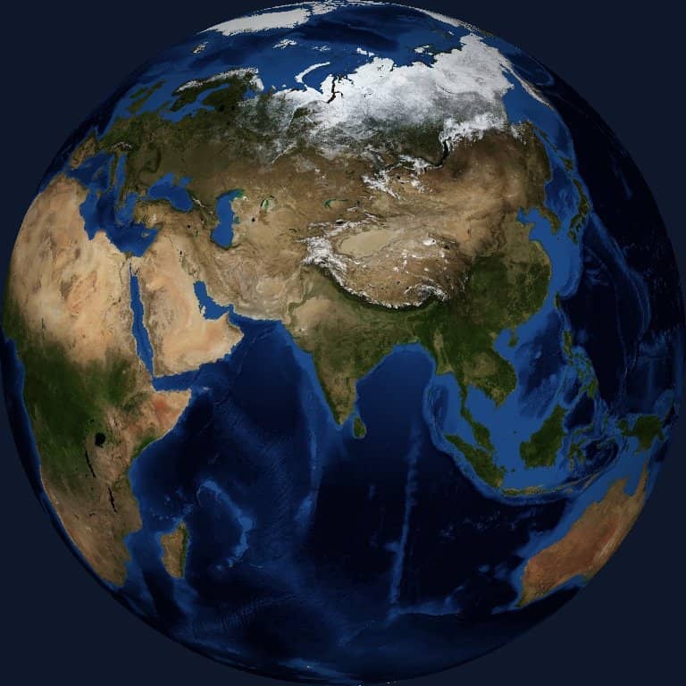 Earth centered on Asia and India, showing BhaShaVox language coverage across continents